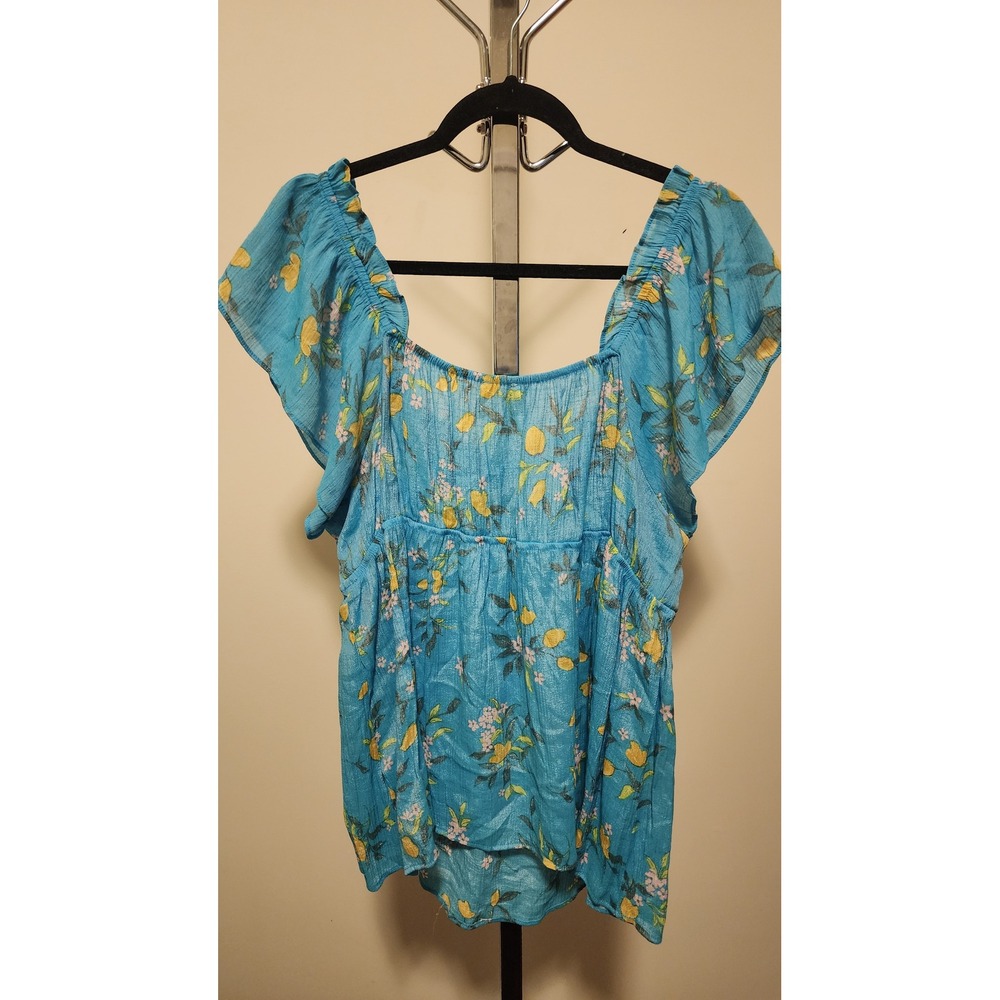 Perch by Blu Pepper Blue Lemon Floral Babydoll Blouse Off Shoulder Top 3XL - Picture 5 of 7